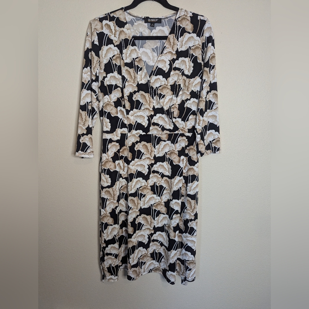 Glamour Black and Cream Floral Faux Wrap Dress Size 12